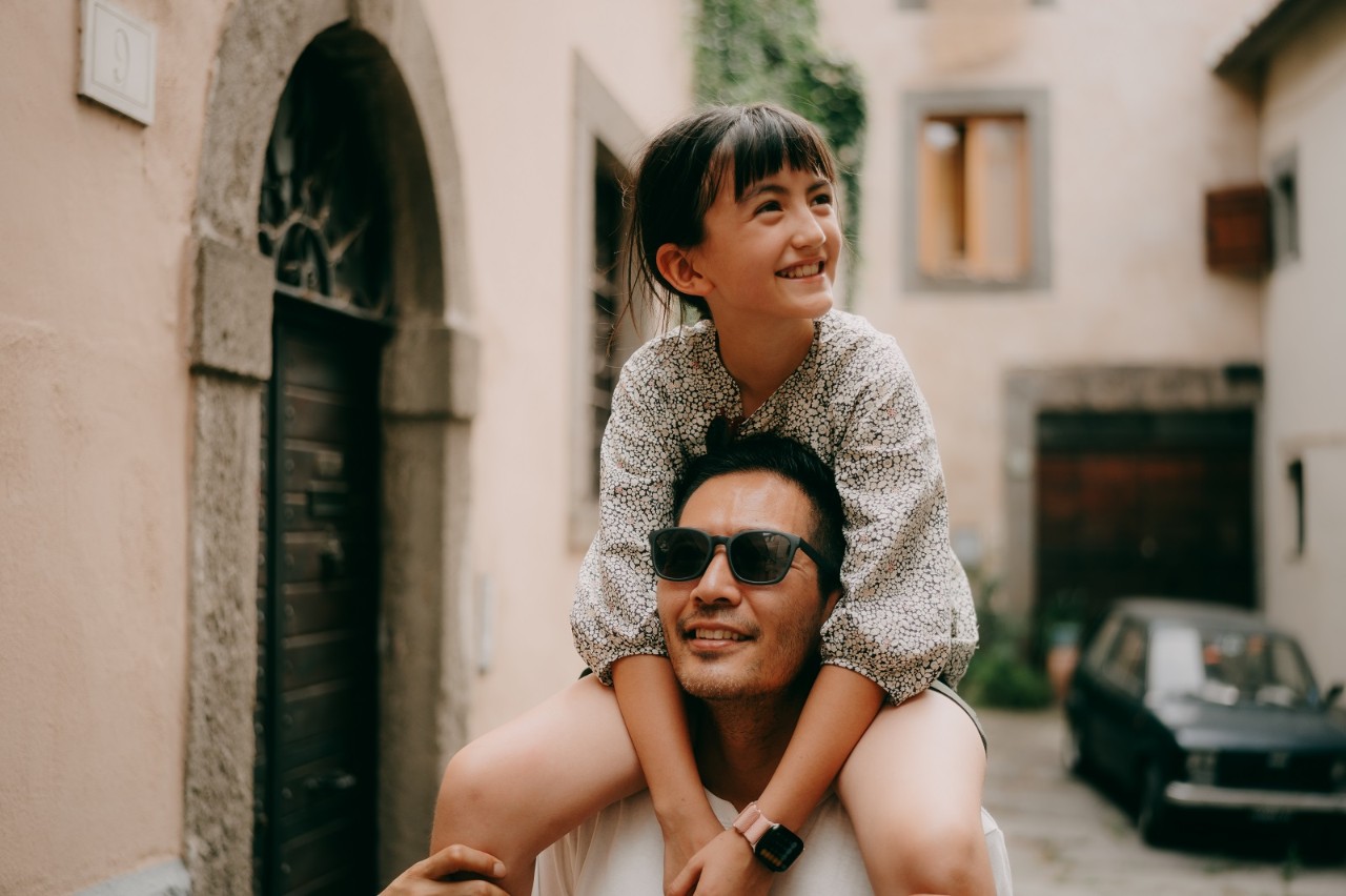 Father and young daughter having a good time in Viterbo, Lazio, Italy